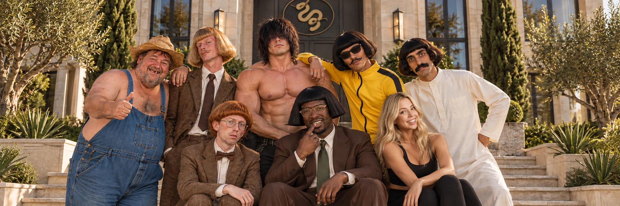 Hubert, Jean, Derek, Keekoi, Abu, Milton, Colby and Rere together on the mansion steps